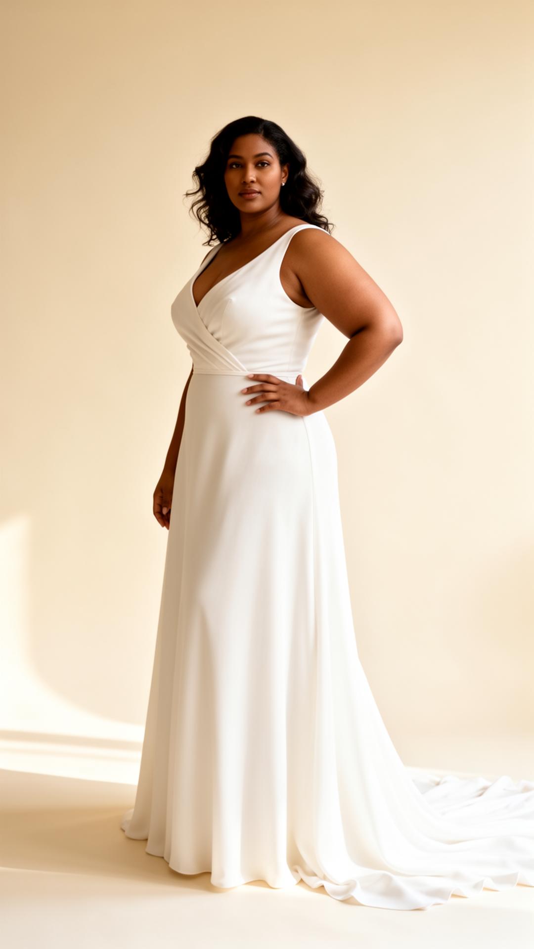 Plus size nuotaka minimalistinėje suknelėje, smėlio fono studija